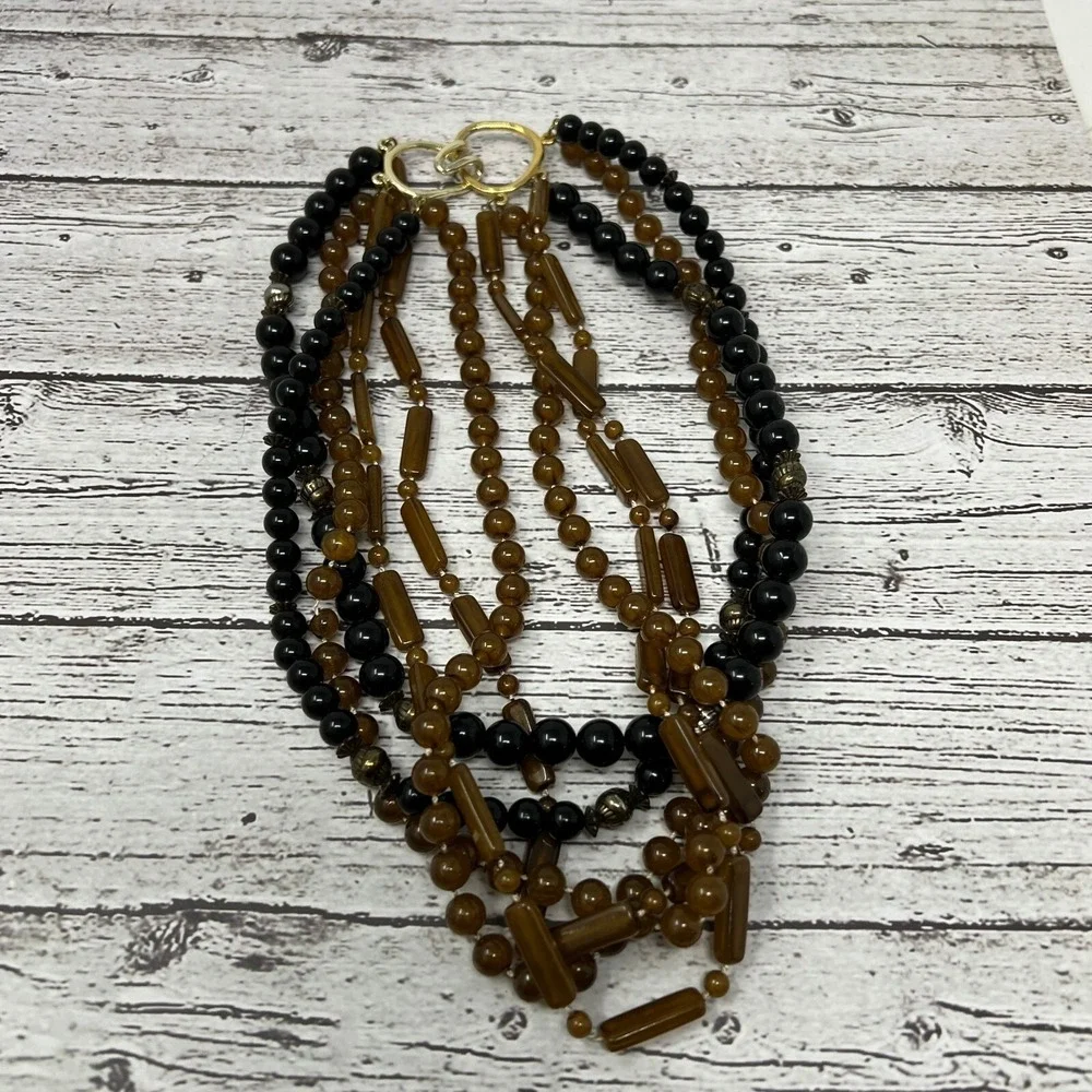 Vintage Beaded Necklace Multi Strand Brown Black Square Round